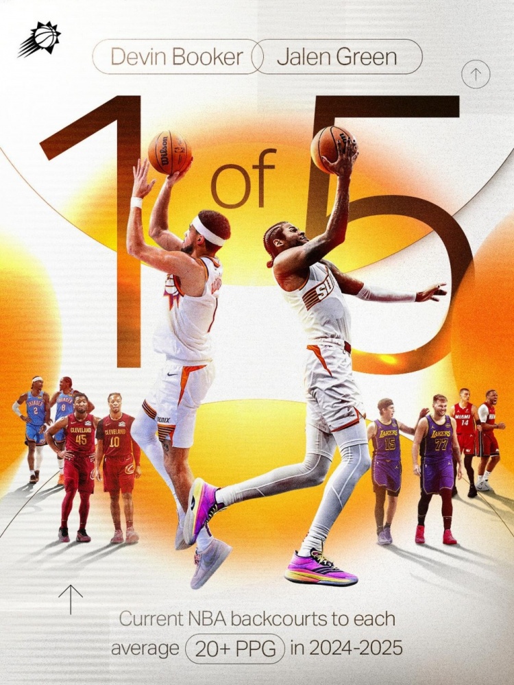 布克&amp;杰伦-格林24-25赛季场均得分皆20+ 联盟仅有的五对后场之一